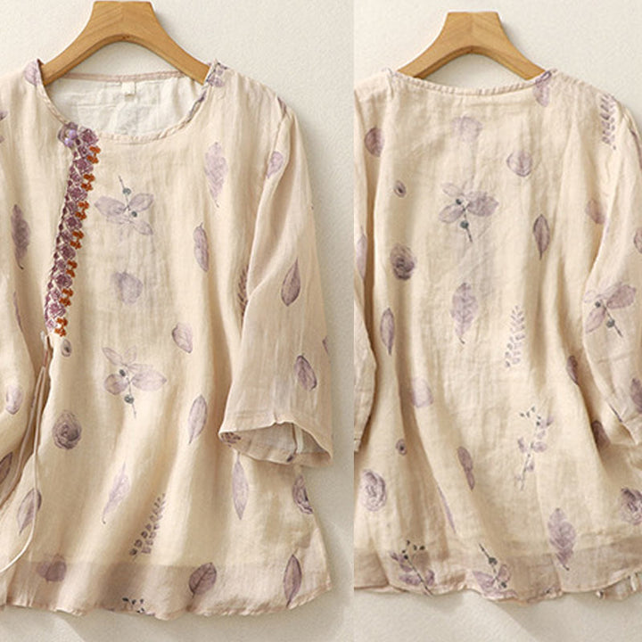 Buddha Stones Embroidery Design Leaves Women's Cotton Linen Three Quarter Sleeve Shirt - image 3