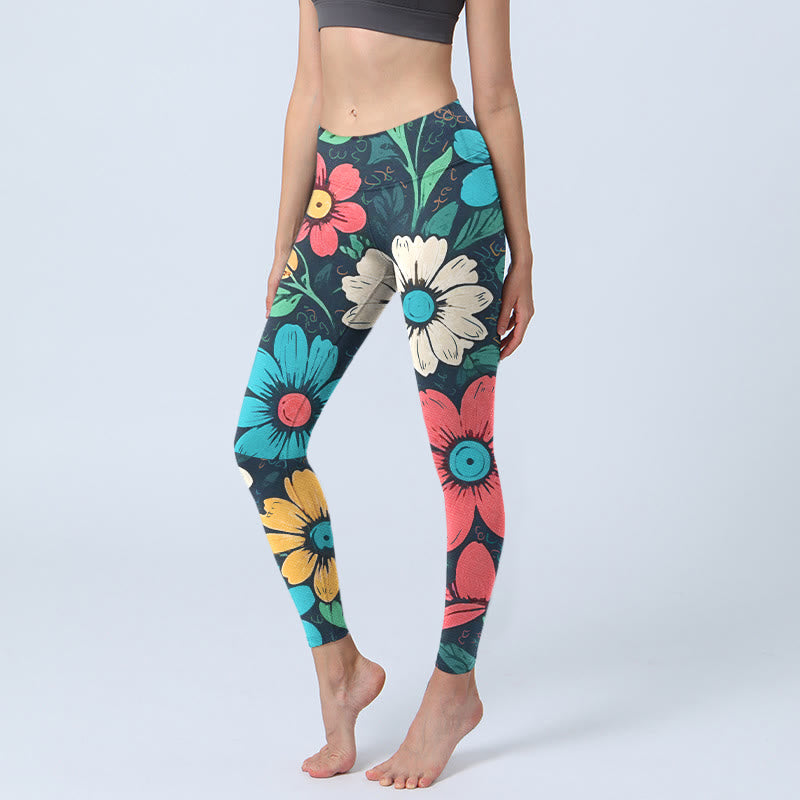Buddha Stones Colorful Flower Pattern Print Gym Leggings Women's Yoga Pants - Black - US18，UK/AU22，EU50 (4XL) - image 0