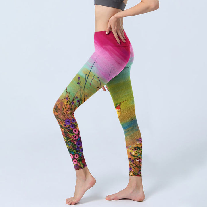 Buddha Stones Blooming Flower Bird Pattern Print Gym Leggings Women's Yoga Pants - image 3