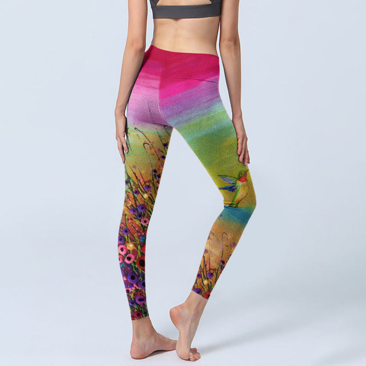 Buddha Stones Blooming Flower Bird Pattern Print Gym Leggings Women's Yoga Pants - image 3