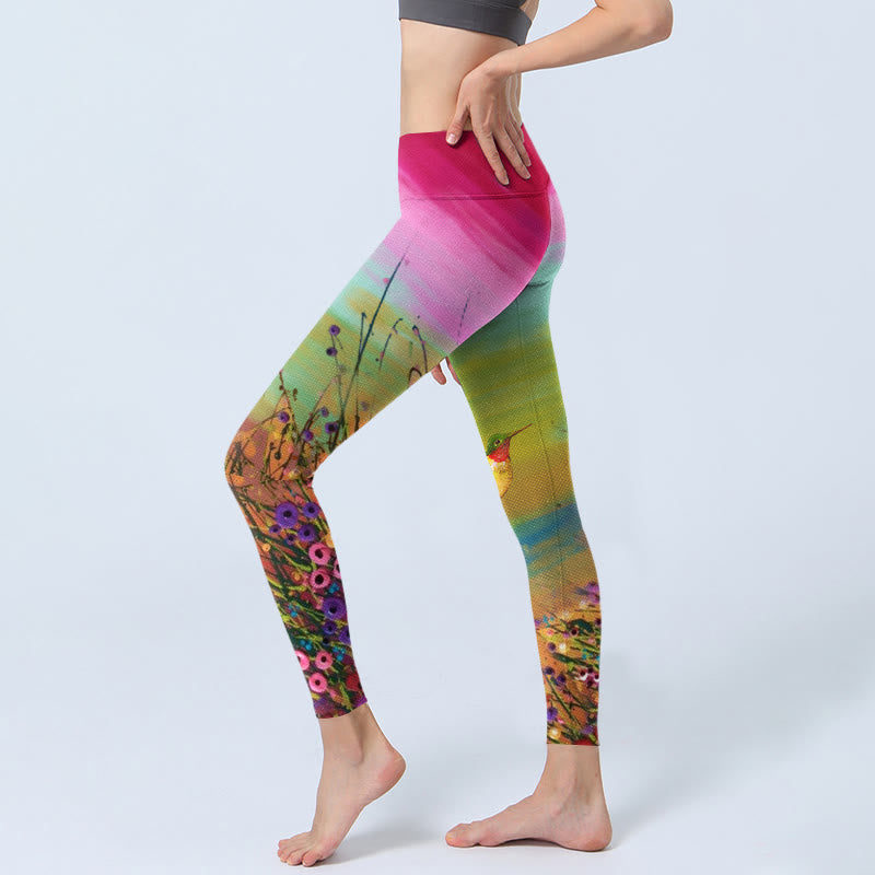 Buddha Stones Blooming Flower Bird Pattern Print Gym Leggings Women's Yoga Pants - image 2