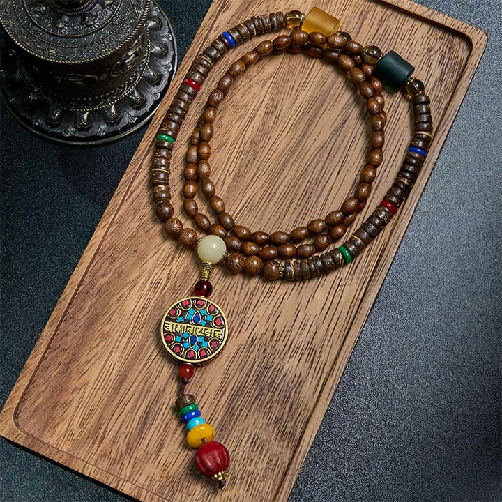 Buddha Stones Tibetan Handmade Coconut Shell Schima Wood Great Bright Mantra Copper Bead Balance Necklace Pendant