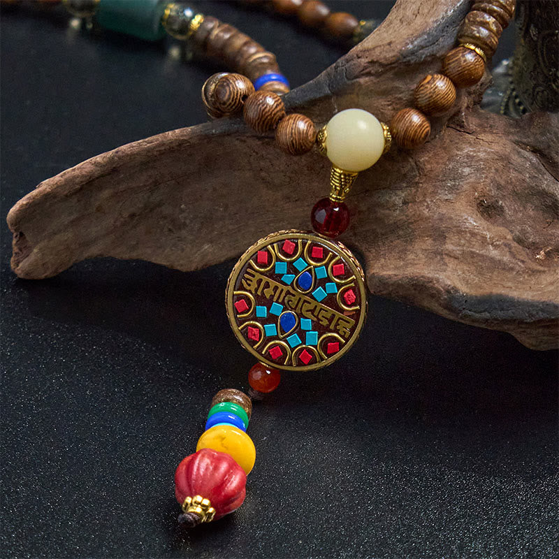Buddha Stones Tibetan Handmade Coconut Shell Schima Wood Great Bright Mantra Copper Bead Balance Necklace Pendant - image 5