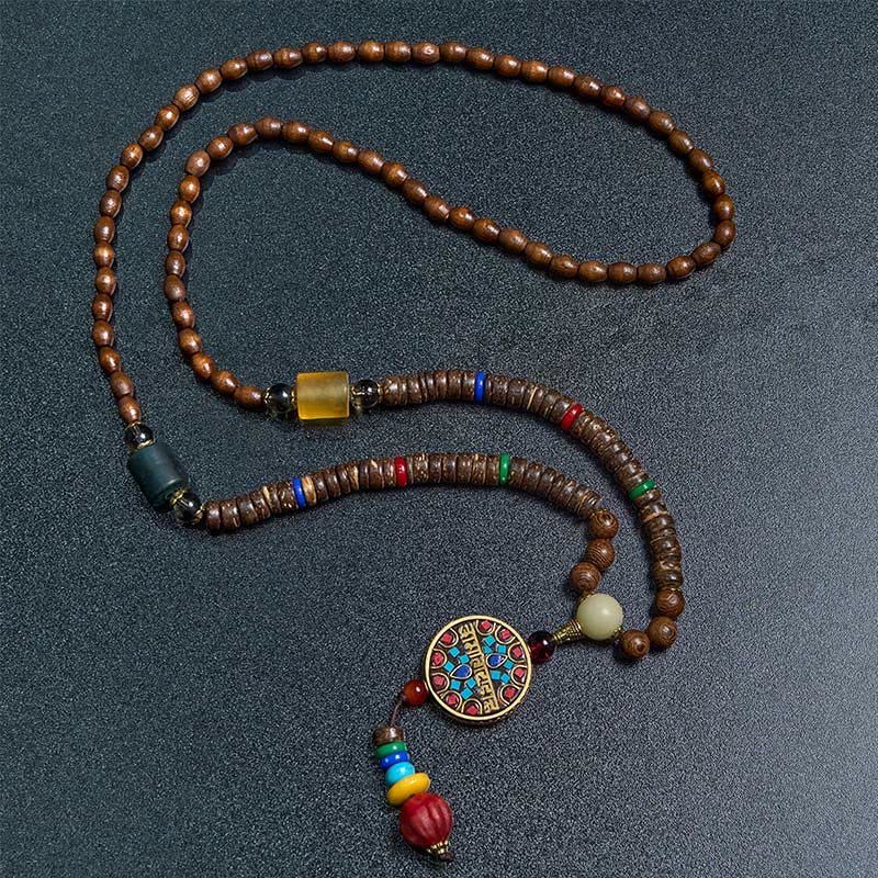 Buddha Stones Tibetan Handmade Coconut Shell Schima Wood Great Bright Mantra Copper Bead Balance Necklace Pendant