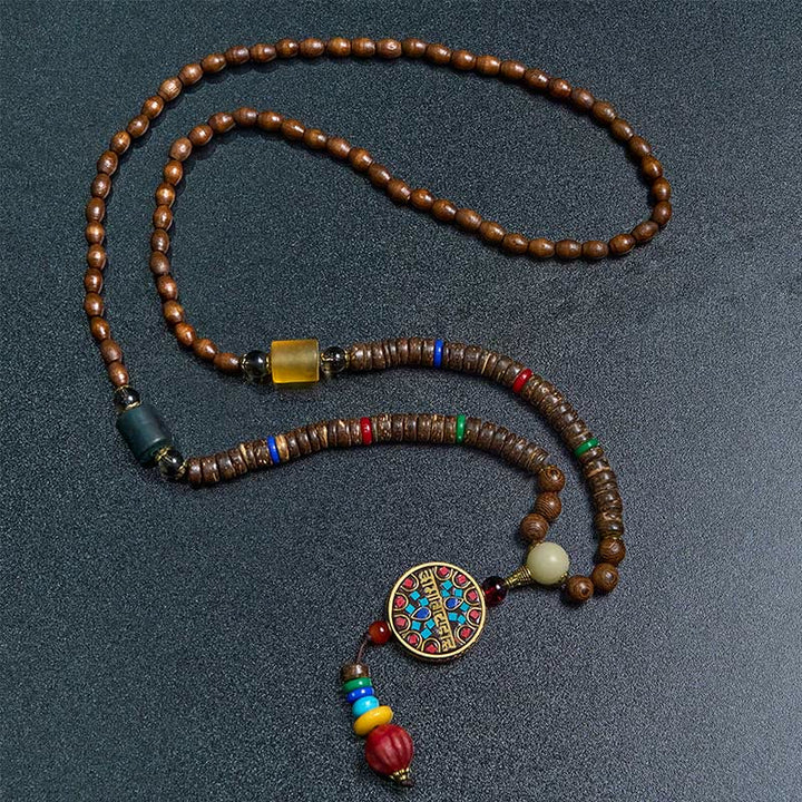 Buddha Stones Tibetan Handmade Coconut Shell Schima Wood Great Bright Mantra Copper Bead Balance Necklace Pendant