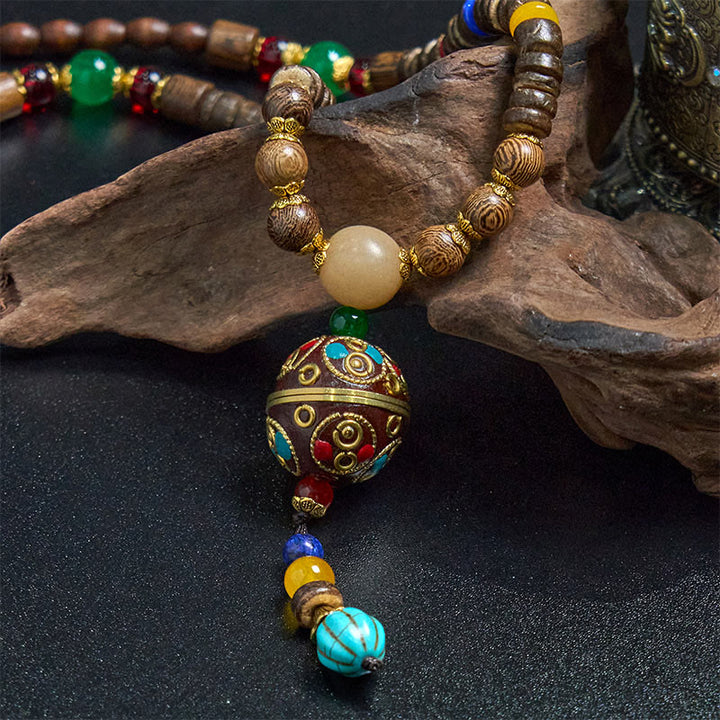 Buddha Stones Tibetan Handmade Coconut Shell Schima Wood Great Bright Mantra Copper Bead Balance Necklace Pendant