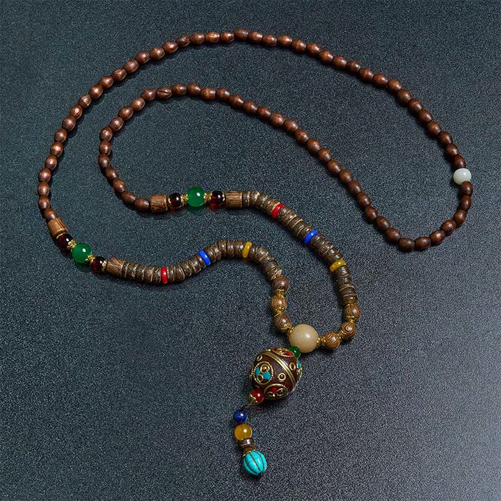 Buddha Stones Tibetan Handmade Coconut Shell Schima Wood Great Bright Mantra Copper Bead Balance Necklace Pendant