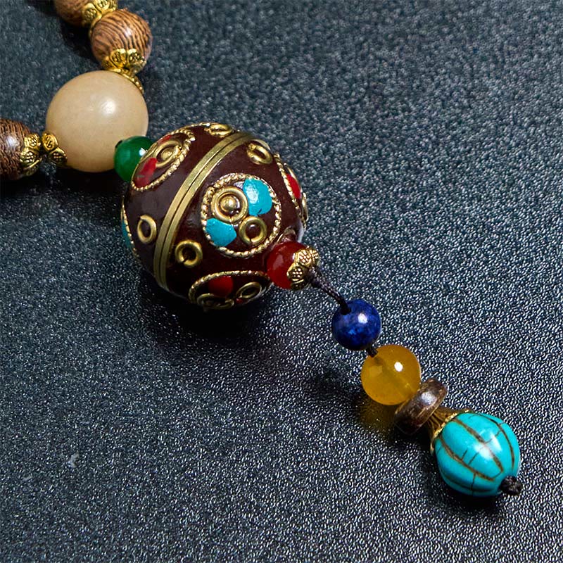 Buddha Stones Tibetan Handmade Coconut Shell Schima Wood Great Bright Mantra Copper Bead Balance Necklace Pendant