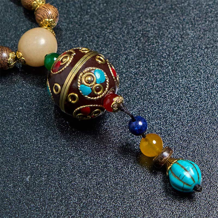 Buddha Stones Tibetan Handmade Coconut Shell Schima Wood Great Bright Mantra Copper Bead Balance Necklace Pendant