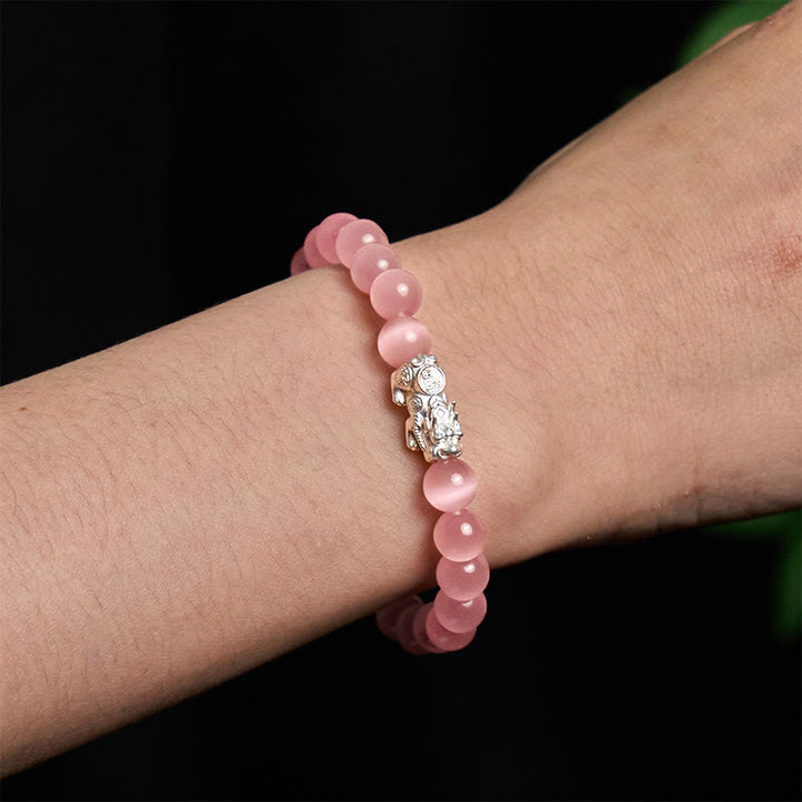 Buddha Stones Natural Cat's Eye Beads 990 Sterling Silver Pixiu Positive Bracelet