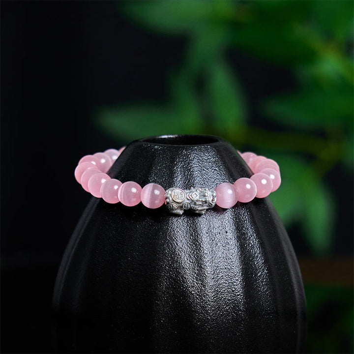 Buddha Stones Natural Cat's Eye Beads 990 Sterling Silver Pixiu Positive Bracelet