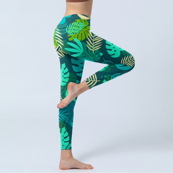 Buddha Stones Various Shapes Of Leaves Pattern Print Gym Leggings Women's Yoga Pants - image 4