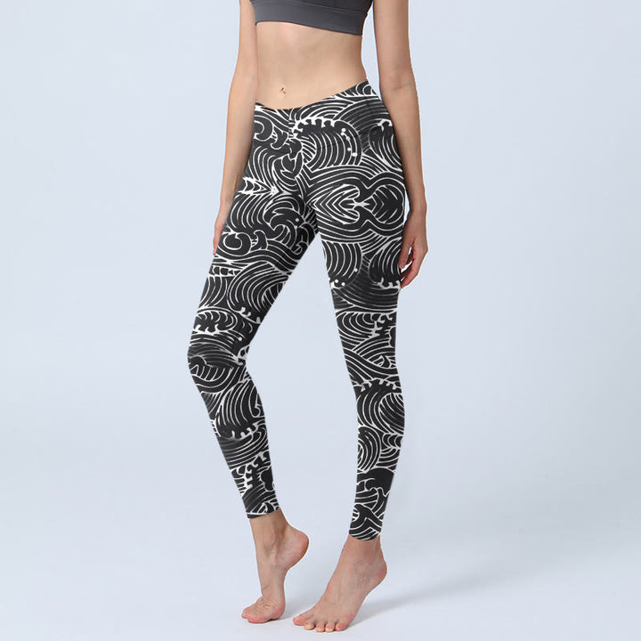 Buddha Stones White Line Waves Pattern Print Gym Leggings Women's Yoga Pants - Black - US18，UK/AU22，EU50 (4XL) - image 0