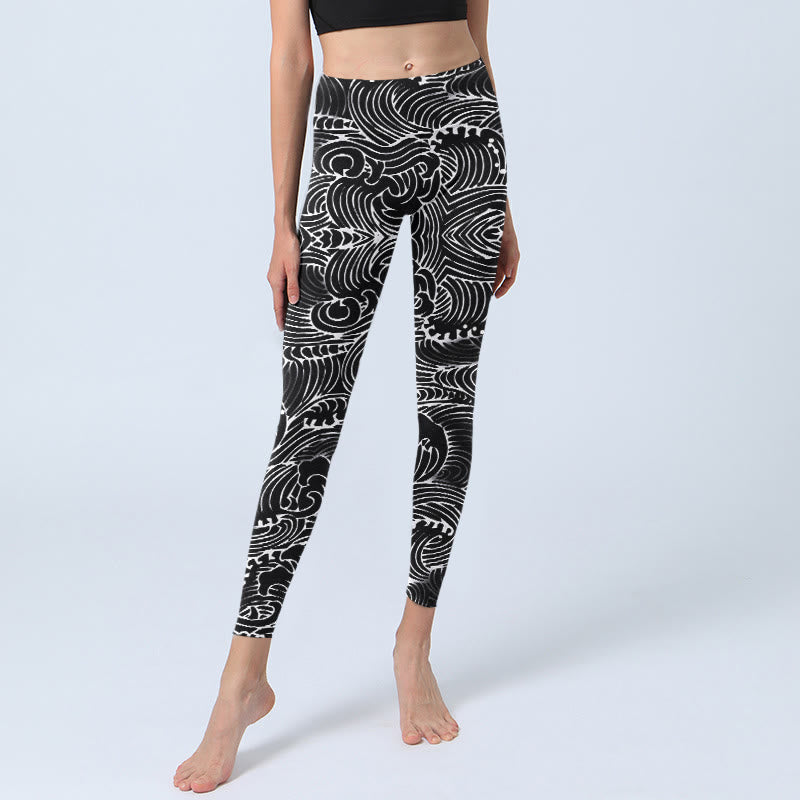 Buddha Stones White Line Waves Pattern Print Gym Leggings Women's Yoga Pants - image 5
