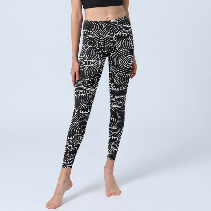 Buddha Stones White Line Waves Pattern Print Gym Leggings Women's Yoga Pants - image 5