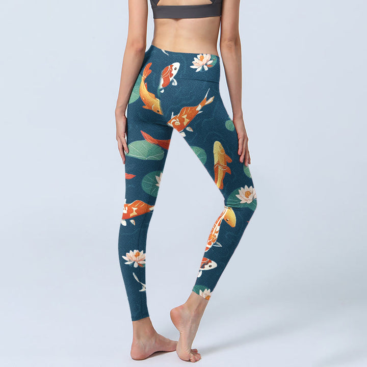 Buddha Stones Koi Fish Lotus Flower Lotus Leaves Pattern Print Gym Leggings Women's Yoga Pants - image 3