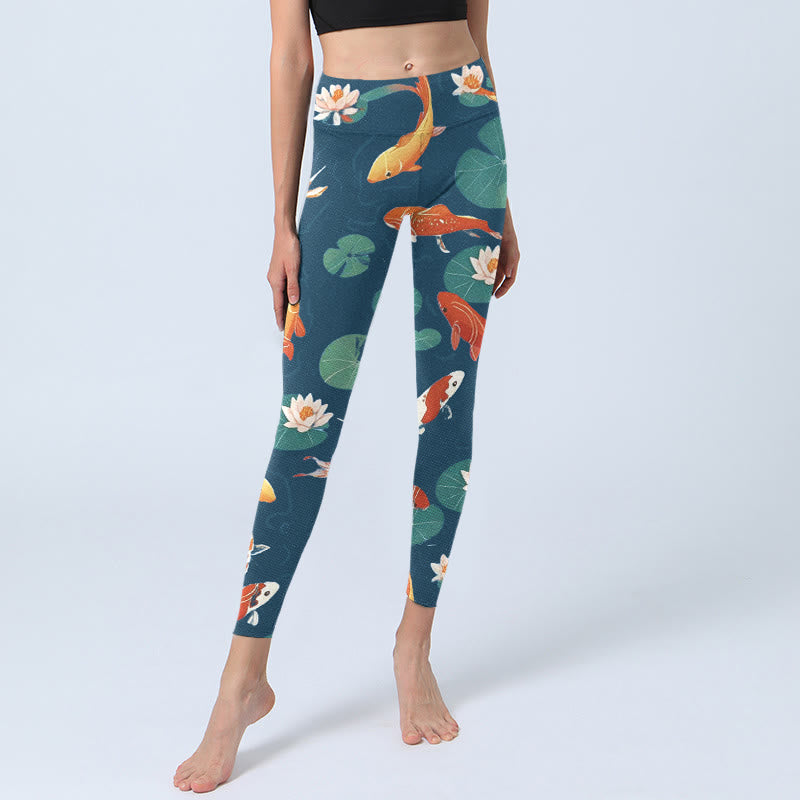 Buddha Stones Koi Fish Lotus Flower Lotus Leaves Pattern Print Gym Leggings Women's Yoga Pants - image 5
