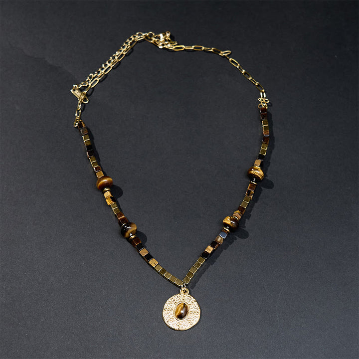 Buddha Stones Natural Tiger Eye Square Protection Titanium Steel Necklace Pendant