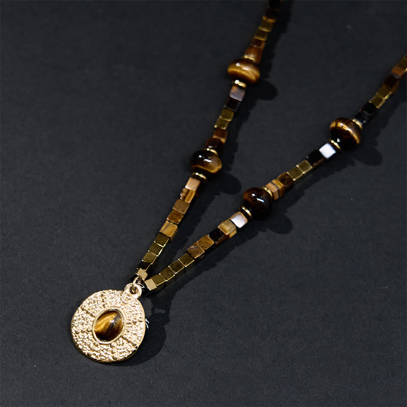 Buddha Stones Natural Tiger Eye Square Protection Titanium Steel Necklace Pendant