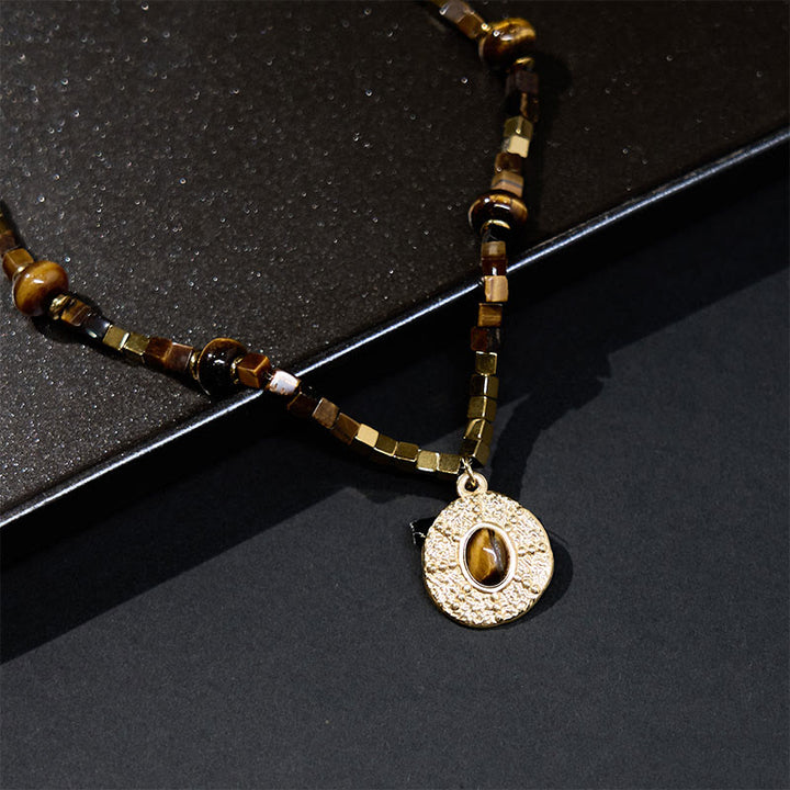 Buddha Stones Natural Tiger Eye Square Protection Titanium Steel Necklace Pendant