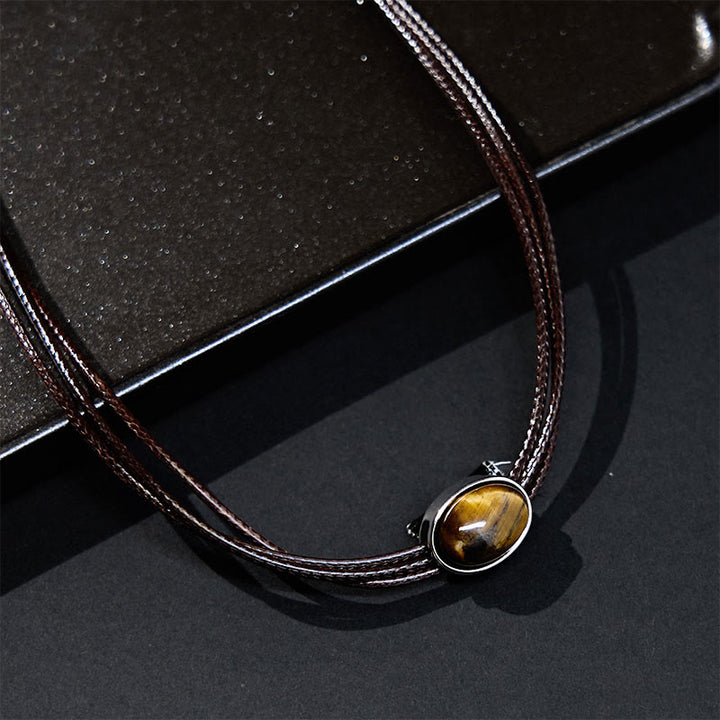 Buddha Stones Natural Tiger Eye Ellipse Protection Wax Rope Necklace Pendant