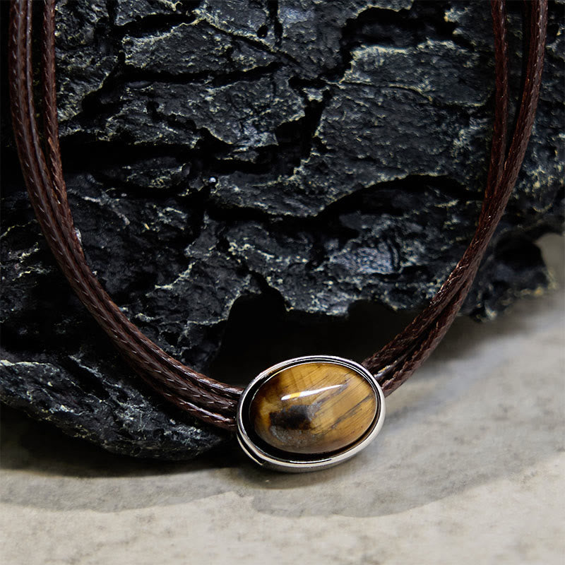 Buddha Stones Natural Tiger Eye Ellipse Protection Wax Rope Necklace Pendant
