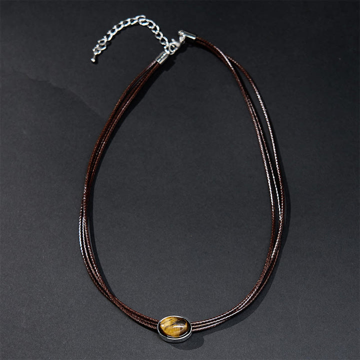 Buddha Stones Natural Tiger Eye Ellipse Protection Wax Rope Necklace Pendant