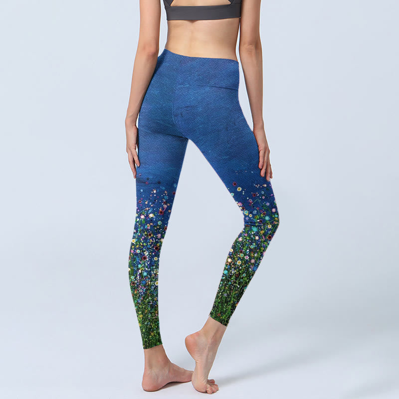 Buddha Stones Grass Flower Pattern Print Gym Leggings Women's Yoga Pants - image 3