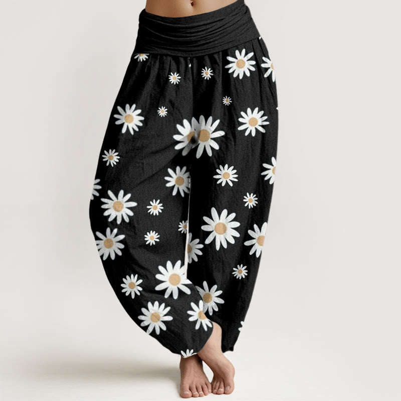 Buddha Stones Casual White Daisy Pattern Women's Elastic Waist Harem Pants - Black - US22，UK/AU26，EU54 (6XL) - image 1