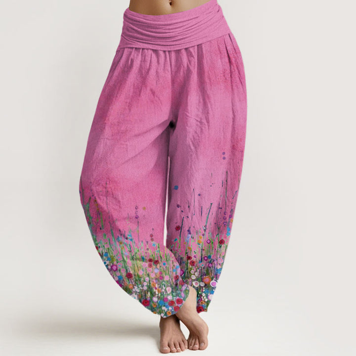 Buddha Stones Cotton Casual Colorful Wildflower Field Pattern Women's Elastic Waist Harem Pants - DeepPink - US22，UK/AU26，EU54 (6XL) - image 7
