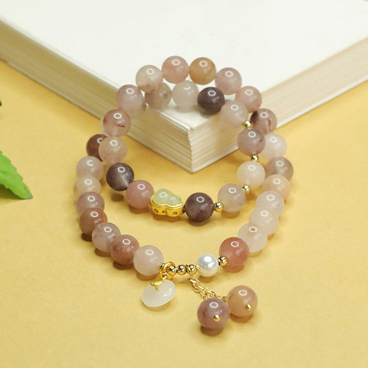 Buddha Stones Natural Golden Silk Jade Double Layer Gourd Peace Buckle Luck Bracelet