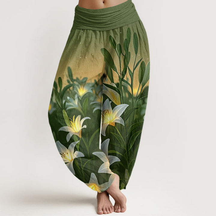 Buddha Stones Casual Lily Pattern Women's Elastic Waist Harem Pants - OliveDrab - US22，UK/AU26，EU54 (6XL) - image 8