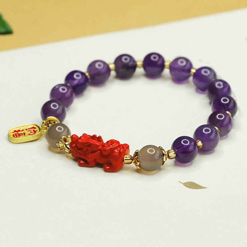 Buddha Stones Natural Amethyst Cinnabar Pi Xiu Fu Character Balance Bracelet