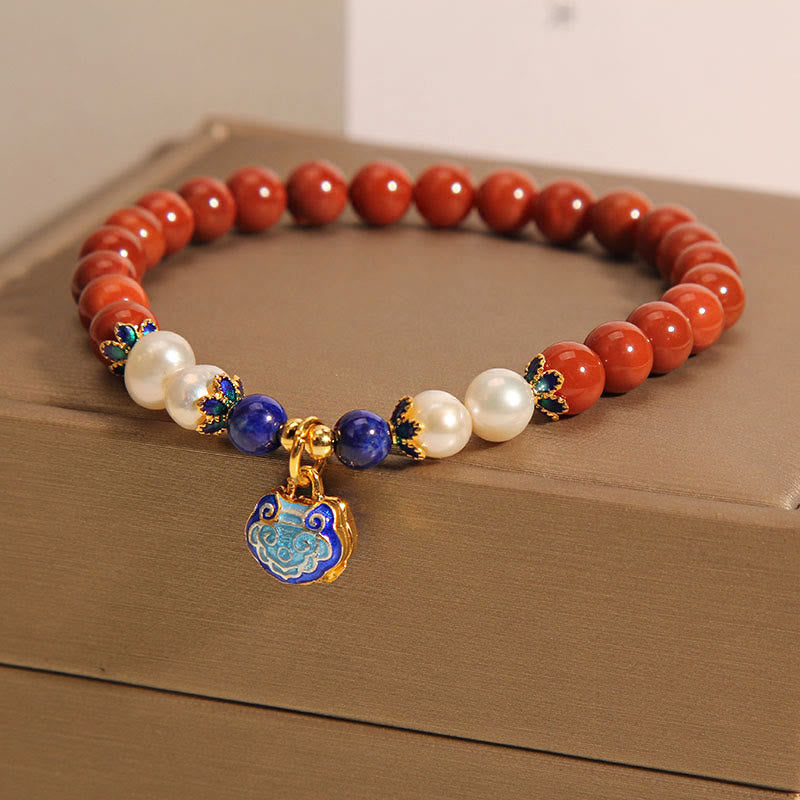 Buddha Stones Natural South Red Agate Pearl Peace Lock Charm Positive Bracelet