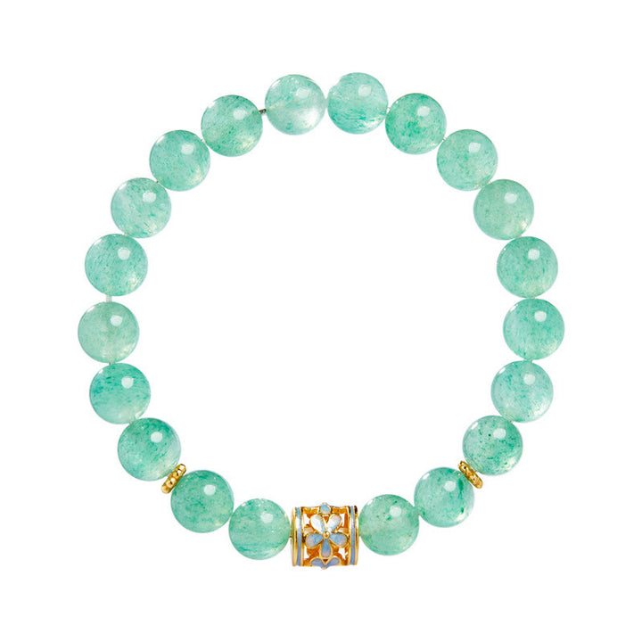Buddha Stones 925 Sterling Silver Green Strawberry Quartz Flower Calm Bracelet