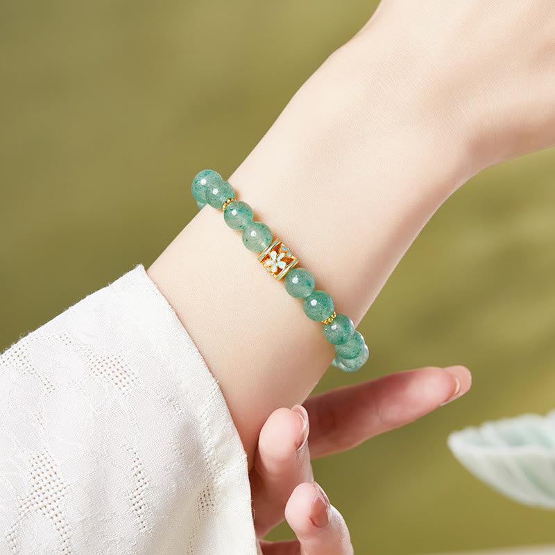 Buddha Stones 925 Sterling Silver Green Strawberry Quartz Flower Calm Bracelet - image 3