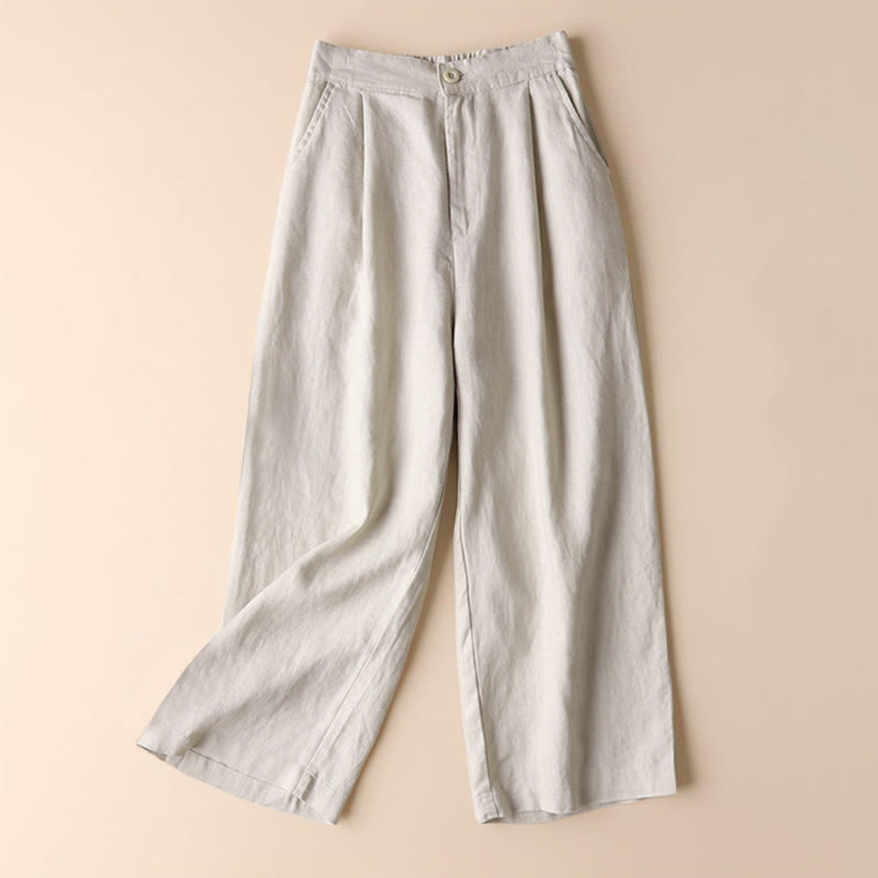 Buddha Stones Commute Solid Color 7-8 Length Women's Wide Leg Pants With Pockets - Linen - US12，UK/AU16，EU44 (3XL) - image 0