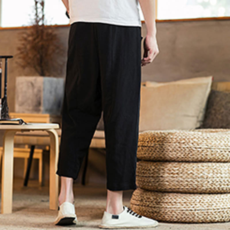 Buddha Stones Casual Solid Color Drawstring Men's Elastic Waistband Cotton Linen Pants With Pockets - image 29