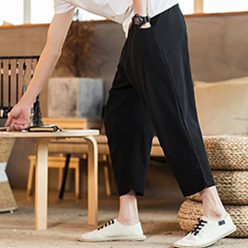 Buddha Stones Casual Solid Color Drawstring Men's Elastic Waistband Cotton Linen Pants With Pockets - image 30