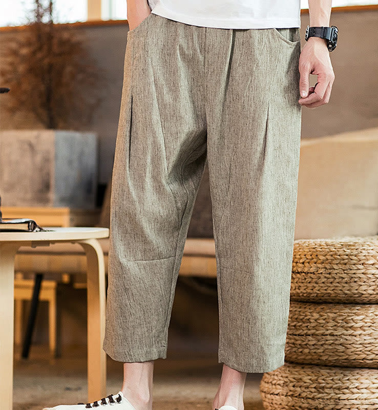 Buddha Stones Casual Solid Color Drawstring Men's Elastic Waistband Cotton Linen Pants With Pockets - image 7