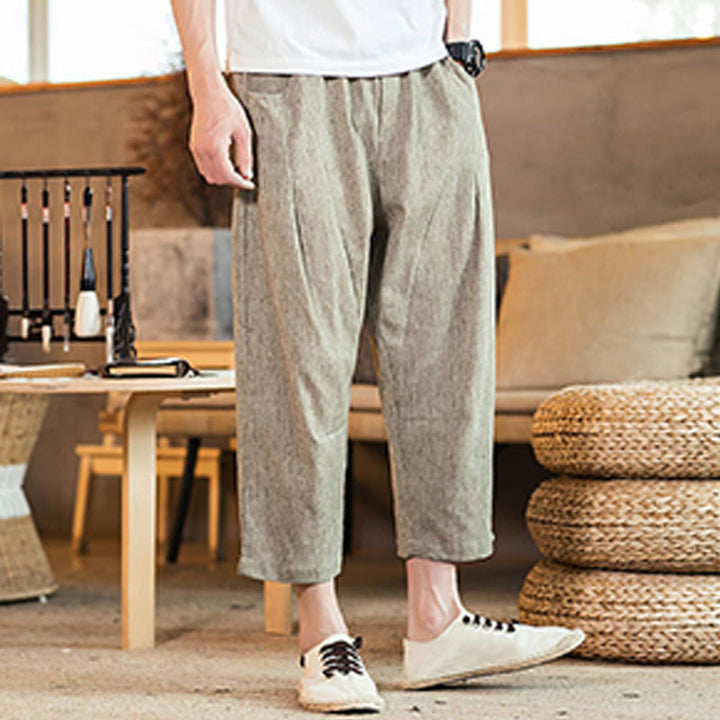 Buddha Stones Casual Solid Color Drawstring Men's Elastic Waistband Cotton Linen Pants With Pockets - image 3