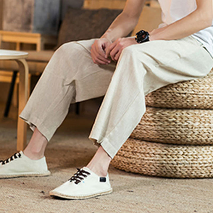 Buddha Stones Casual Solid Color Drawstring Men's Elastic Waistband Cotton Linen Pants With Pockets - image 46