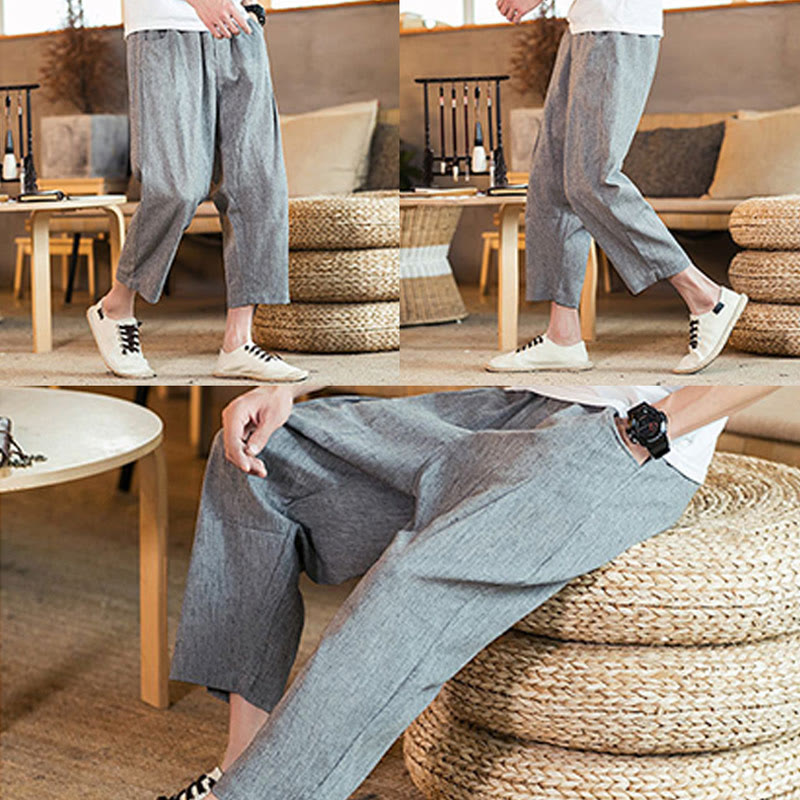 Buddha Stones Casual Solid Color Drawstring Men's Elastic Waistband Cotton Linen Pants With Pockets - image 25