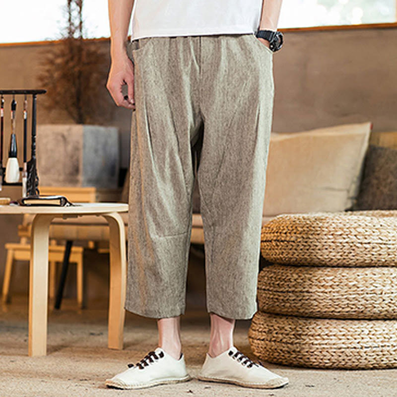Buddha Stones Casual Solid Color Drawstring Men's Elastic Waistband Cotton Linen Pants With Pockets - image 2