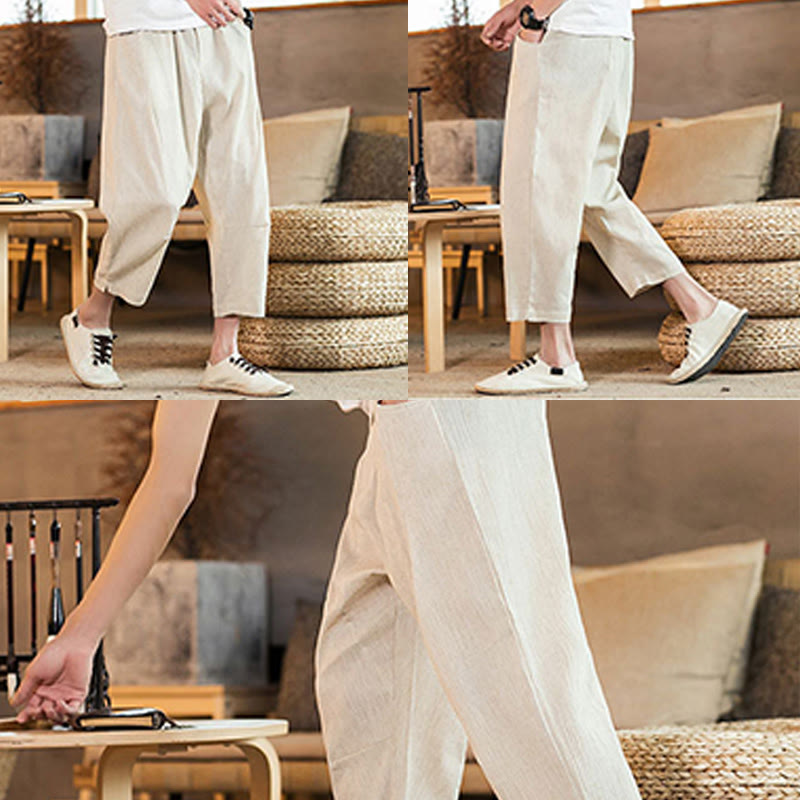 Buddha Stones Casual Solid Color Drawstring Men's Elastic Waistband Cotton Linen Pants With Pockets - image 47