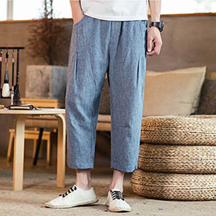 Buddha Stones Casual Solid Color Drawstring Men's Elastic Waistband Cotton Linen Pants With Pockets - image 36