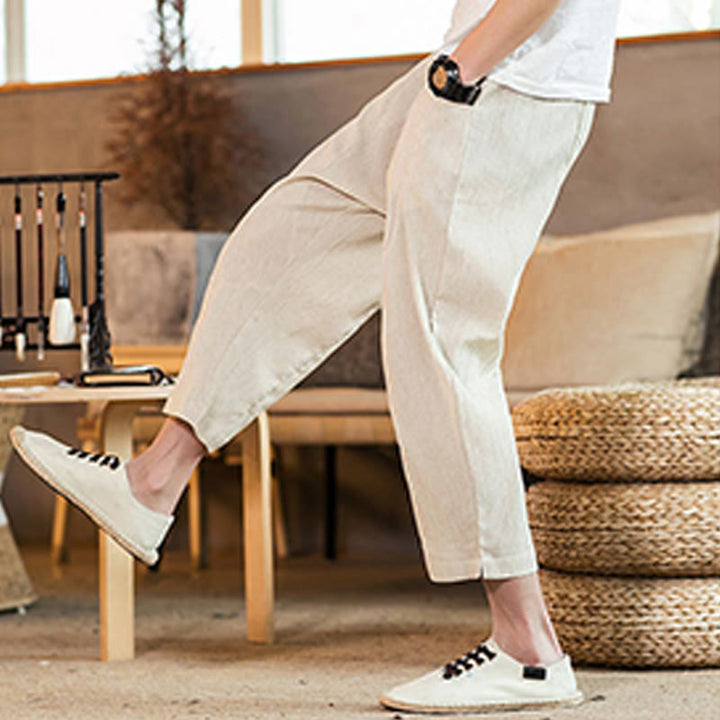 Buddha Stones Casual Solid Color Drawstring Men's Elastic Waistband Cotton Linen Pants With Pockets - image 45