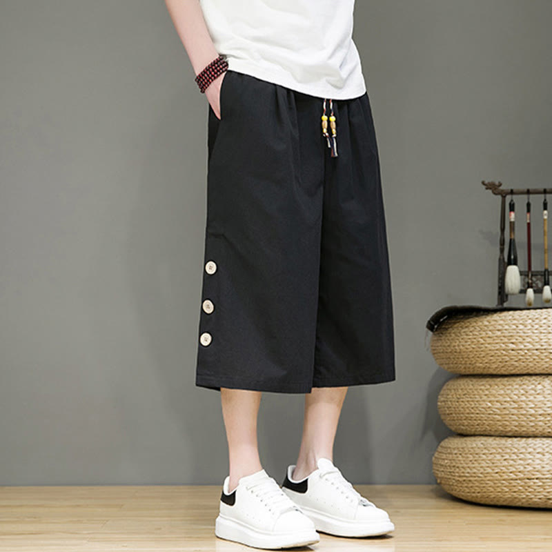 Buddha Stones Casual Plain Side Button Design Drawstring Men's Cotton Cropped Pants With Pockets - image 12