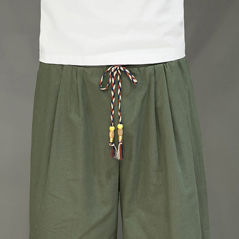 Buddha Stones Casual Plain Side Button Design Drawstring Men's Cotton Cropped Pants With Pockets - image 24