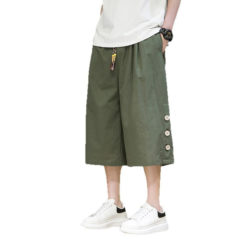 Buddha Stones Casual Plain Side Button Design Drawstring Men's Cotton Cropped Pants With Pockets - image 28